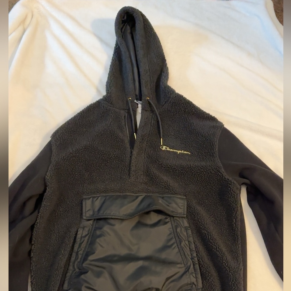 CHAMPION Men’s Quarter Zip Mens Sherpa Hoodie gold champion logo size large